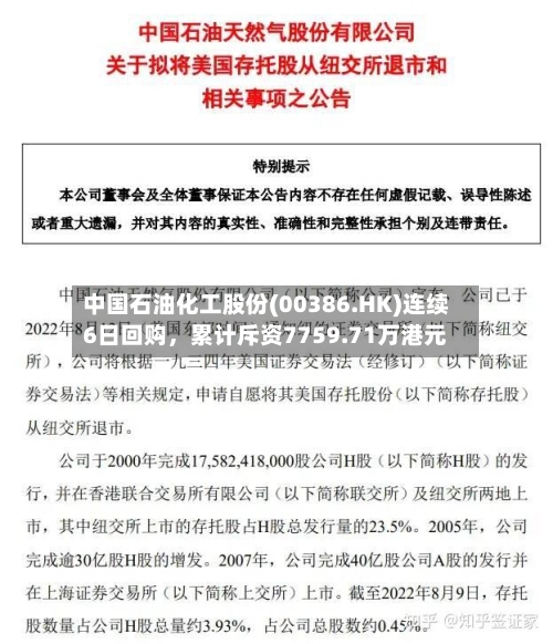 中国石油化工股份(00386.HK)连续6日回购，累计斥资7759.71万港元