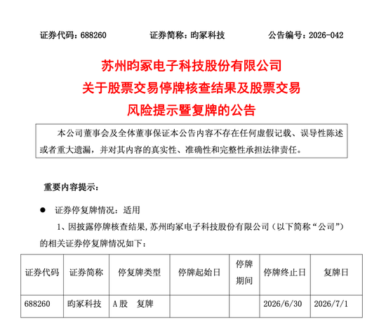 4倍牛股688260，停牌核查完成	，明日复牌